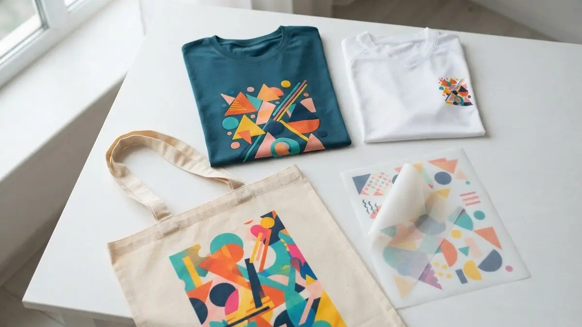Camisetas dobradas azul petróleo e branca com estampas DTF coloridas, ecobag de algodão cru estampada e folha de filme de transferência sobre mesa branca