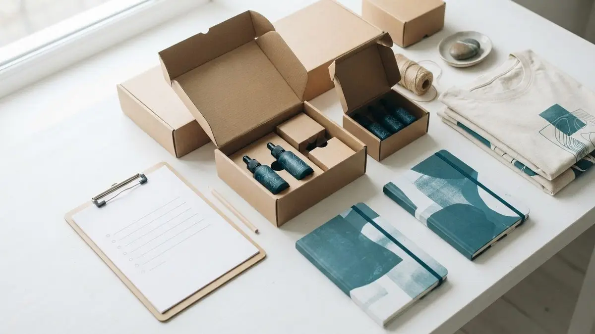 Caixas de papelão kraft com frascos azul petróleo, camisetas estampadas dobradas, cadernos com capa estampada e prancheta com lista em branco sobre mesa branca