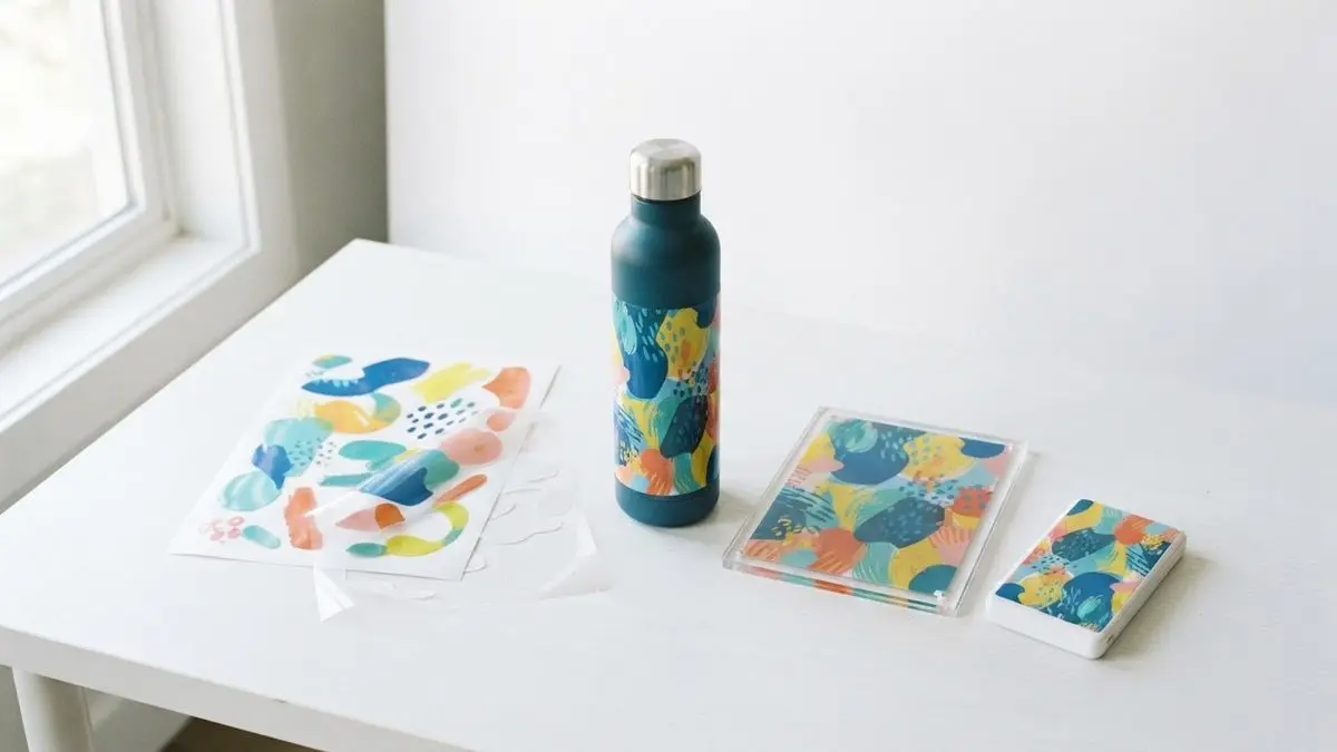Garrafa azul petróleo com adesivo UV DTF colorido ao lado de placa de acrílico e power bank branco com impressão UV abstrata sobre mesa branca